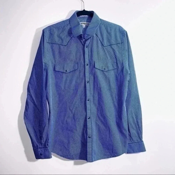 Express Other - Express men’s blue printed button front dress shirt long sleeve Medium 15.5